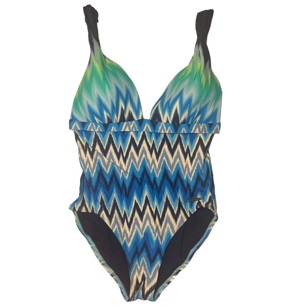 Vince Camuto One Piece Womens Swimsuit Size 12 Swim Multicolor Aztec Plunge Neck